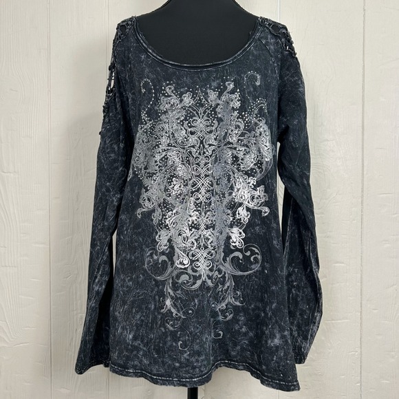 Y2K Whimsigoth Graphic Embellished Top Women's XL Black Crochet Fairy Grunge - Picture 2 of 10